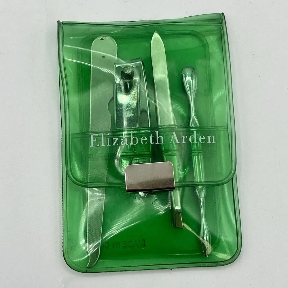 Vintage ELIZABETH ARDEN 4 Pieces Mini Manicure Nail Beauty Tavel Green Vinyl‎